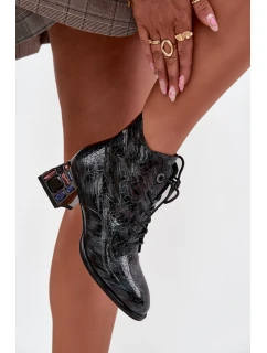 Dámské lakované boty Artiker – šedé, z přírodní kůže, na podpatku s krystalky