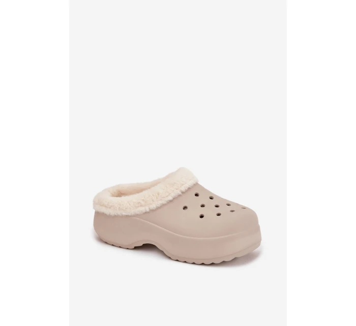 Dámské pěnové pantofle zateplené kožíškem – khaki Palvine