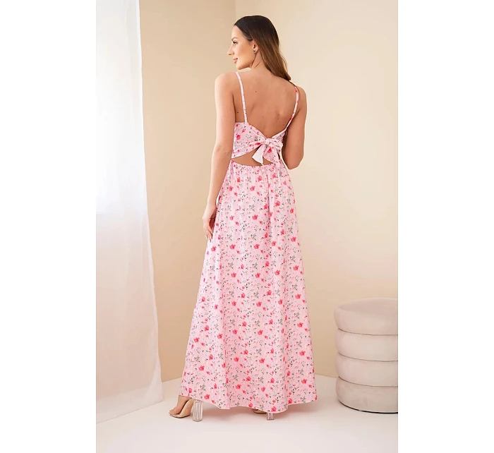Dámské maxi květované šaty na ramínkách s vázáním na zádech cukrově růžová