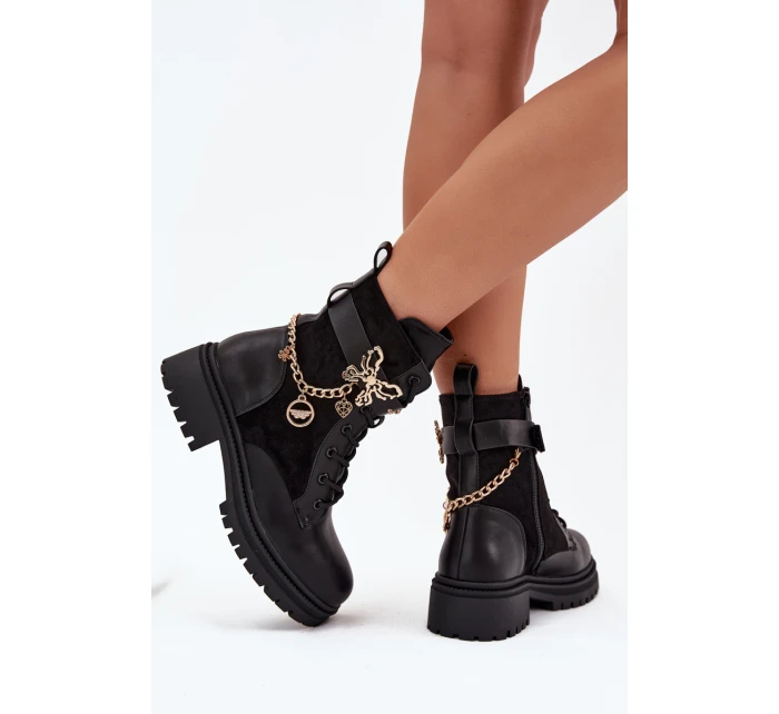 Dámské Pracovní Boty Zateplené Se Zlatým Řetězem A Přívěsky Černé Vessara