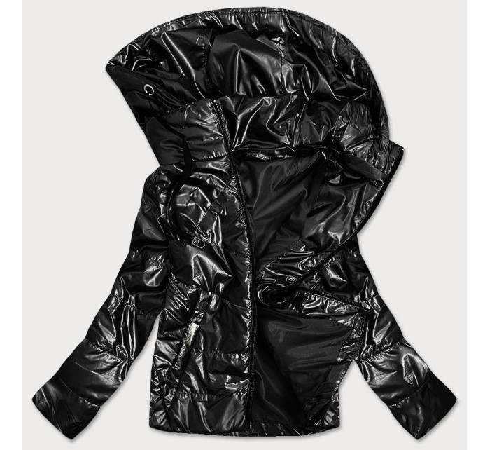 Lesklá černá dámská bunda s kapucí (B9575)