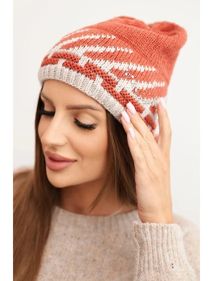 Dámská zimní čepice vlněná s krystaly a vzorem model 21859363 mocca - K-Fashion