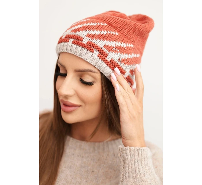 Dámská zimní čepice vlněná s krystaly a vzorem model 21859363 mocca - K-Fashion