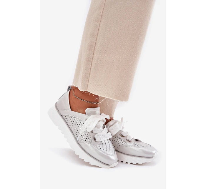 Dámské Kožené Tenisky Na Platformě D&A model 21695796 Stříbrné - S.Barski Dámské Kožené Tenisky Na Platformě D&A model 21695796 Stříbrné - S.Barski