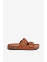 Dámské pantofle na korkové platformě s přezkami – camel Dámské pantofle na korkové platformě s přezkami – camel