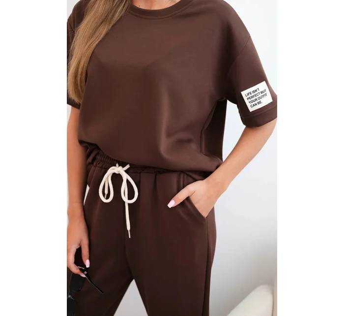 Dámský viskózový komplet s krátkým rukávem a nohavicemi hnědý