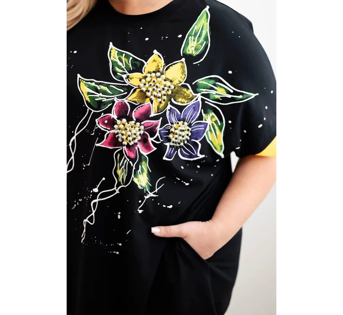 Dámská tunika Plus Size s květinovým vzorem a ozdobnými perličkami žlutá