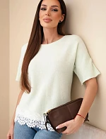 Dámský svetr s krátkým rukávem a krajkou mátový