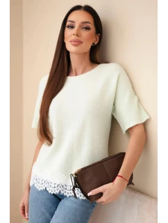 Dámský svetr s krátkým rukávem a krajkou mátový