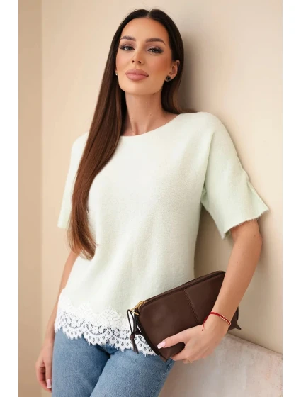 Dámský svetr s krátkým rukávem a krajkou mátový