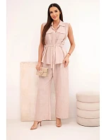 Dámský komplet s vázanou model 22104021 a širokými kalhotami pudrově růžová - K-Fashion