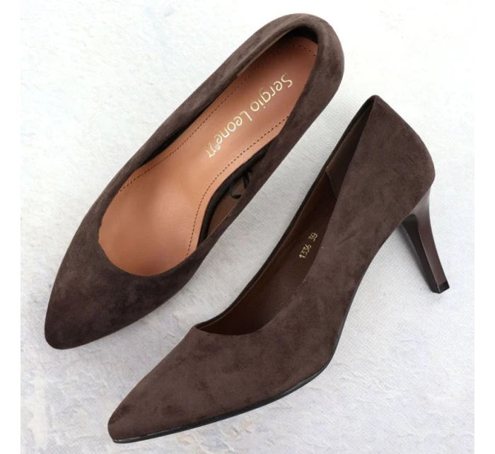 Dámské čokoládové semišové lodičky na jehlovém podpatku Sergio Leone 1336