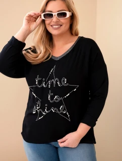 Dámská blůza Plus Size s nápisem a perlami černá