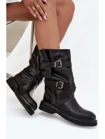 Vlnité dámské kozačky do poloviny lýtek s pásky a sponami Černé Halvessa Vlnité dámské kozačky do poloviny lýtek s pásky a sponami Černé Halvessa