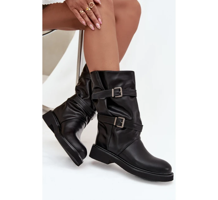 Vlnité dámské kozačky do poloviny lýtek s pásky a sponami Černé Halvessa Vlnité dámské kozačky do poloviny lýtek s pásky a sponami Černé Halvessa