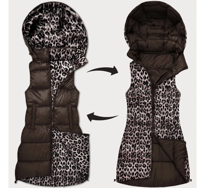 Hrubší oboustranná vesta v čokoládové barvě s panteřím vzorem a s odepínací kapucí (T5-2602#-103)