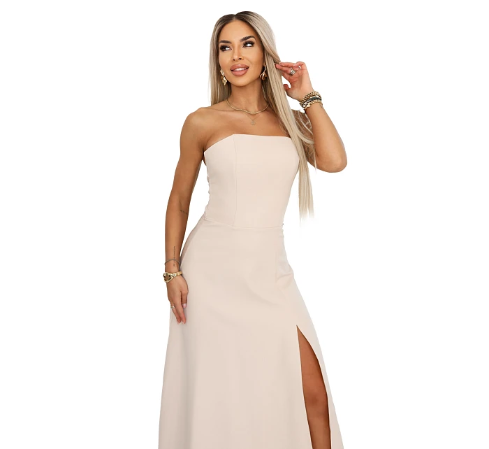 663-1 ELARA korzetové maxi šaty s rozparkem a zavazováním na zádech - béžové