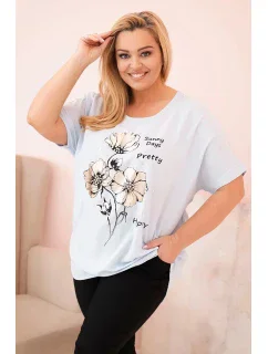 Dámská blůza Plus Size z viskózy s květinovým potiskem a nápisem modrá