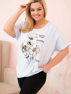 Dámská blůza Plus Size z viskózy s květinovým potiskem a nápisem modrá