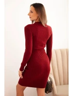 Dámská viskózová pruhovaná šaty s dlouhým rukávem a límečkem bordó