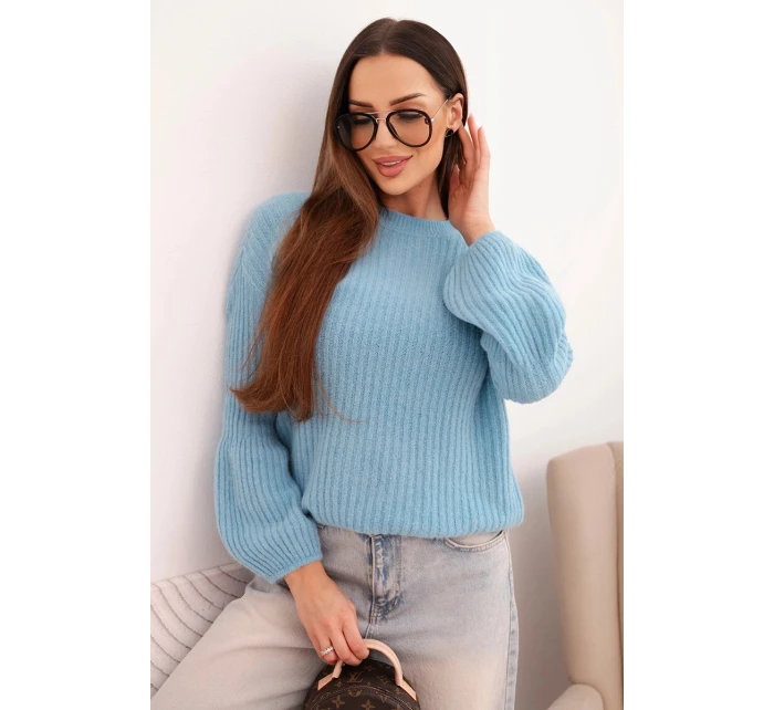 Svetr dámský z baby alpaky s balónovými rukávy modrý