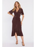 M912 Zavinovací midi šaty s volánkem a řasením - hnědé