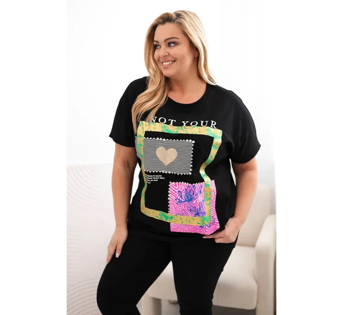 Dámská bavlněná halenka Plus Size se zlatým nápisem černá + zelená