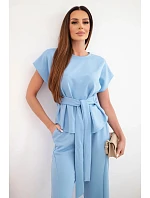 Dámský komplet z měkkého úpletu s halenkou s krátkým rukávem a širokými kalhotami modrý