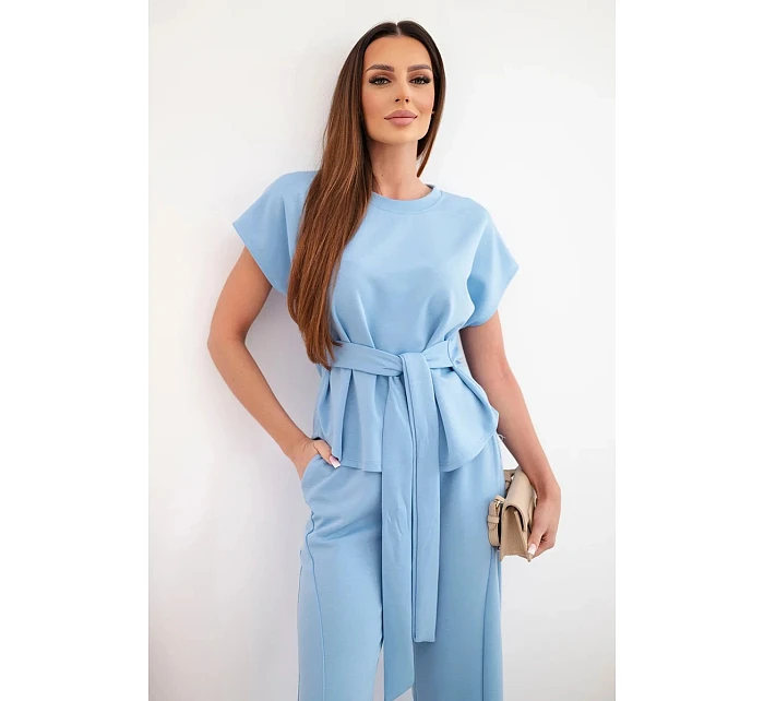 Dámský komplet z měkkého úpletu s halenkou s krátkým rukávem a širokými kalhotami modrý