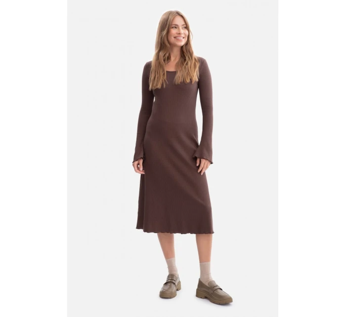 B308 Midi šaty z žebrového úpletu - hnědé