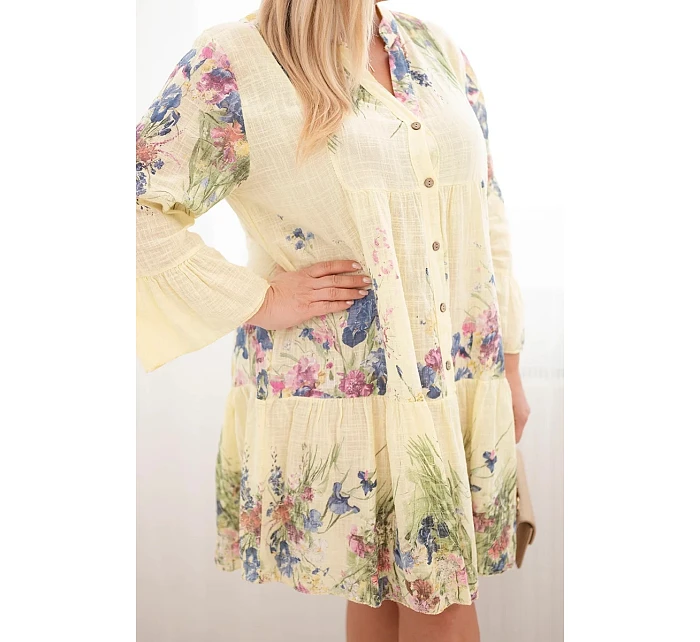 Dámské bavlněné šaty Plus Size s výstřihem do V a knoflíky květinový vzor žlutá
