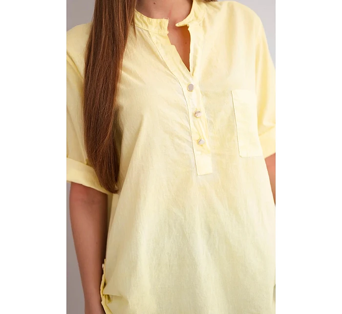 Dámská bavlněná košilová halenka s krátkým rukávem a kapsou žlutá Dámská bavlněná košilová halenka s krátkým rukávem a kapsou žlutá