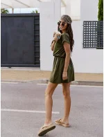 Bavlněné šaty v khaki barvě s gumou v pase model 20085606 - Moon Bavlněné šaty v khaki barvě s gumou v pase model 20085606 - Moon