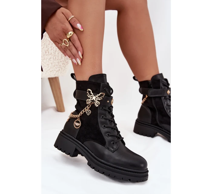Dámské Pracovní Boty Zateplené Se Zlatým Řetězem A Přívěsky Černé Vessara