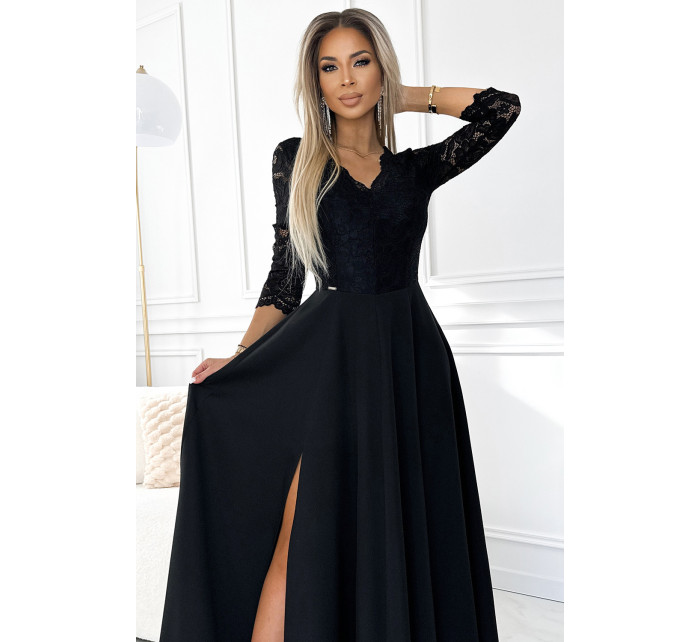 AMBER - Černé elegantní krajkové dámské dlouhé šaty s výstřihem a rozparkem na noze 309-11