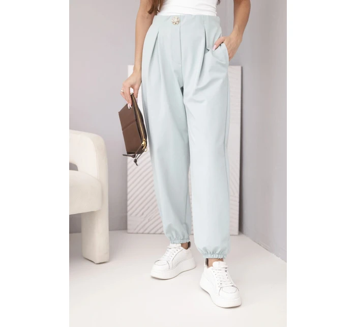 Dámské bavlněné kalhoty s vysokým pasem a ozdobným knoflíkem tmavě mátové Dámské bavlněné kalhoty s vysokým pasem a ozdobným knoflíkem tmavě mátové