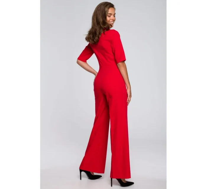 S243 Elegantní overal se zavazováním za krkem - červený