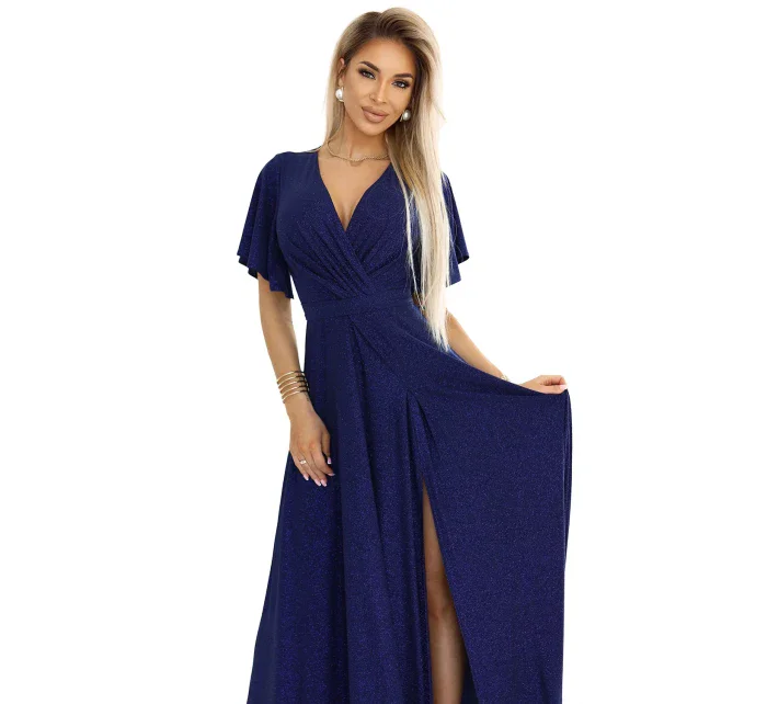 třpytivé dlouhé šaty s rukávy a výstřihem  S model 21012939 - numoco