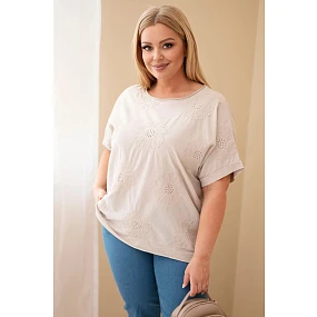 Dámská bavlněná halenka Plus Size s vyšívanými květinami béžová