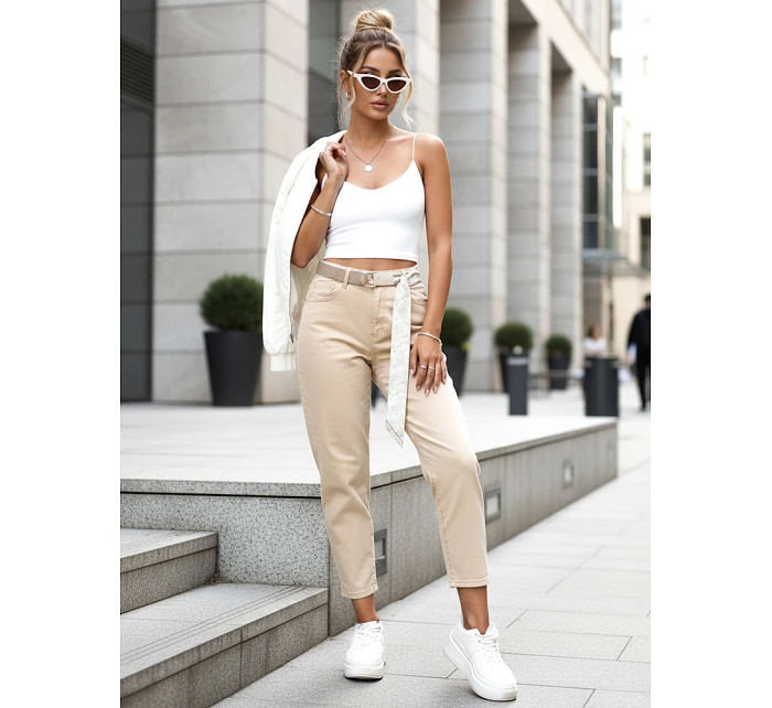 Jeansy damskie mom fit z wysokim stanem beżowe model 22092268 - FashionStreet