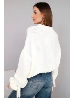 Dámský svetr s příměsí mohairu s model 21857677 pletením a ozdobnými rukávy ecru - K-Fashion