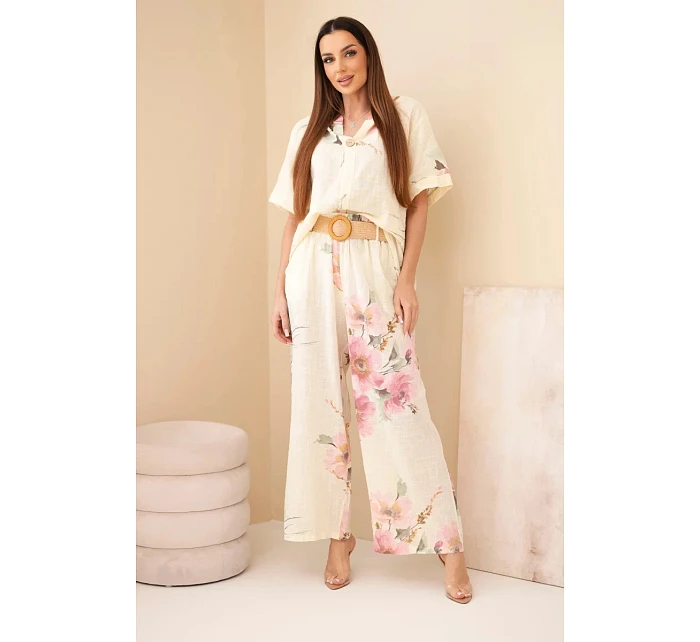 Dámský bavlněný komplet s krátkým rukávem a širokými nohavicemi žlutý