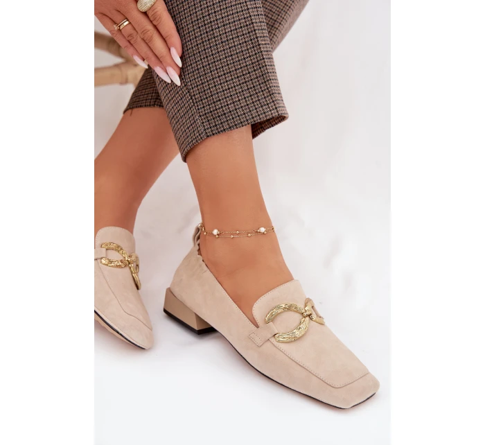Dámské mokasíny z pravé nubukové kůže se zlatým detailem D&A CR61-3115 Béžové