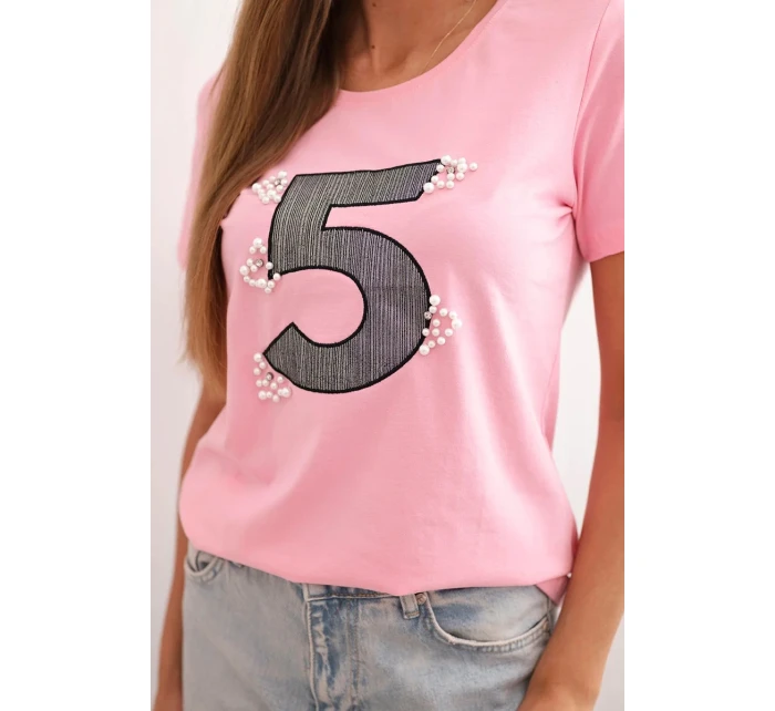 Dámská blůza s krátkým rukávem a nášivkou s perličkami světle růžová