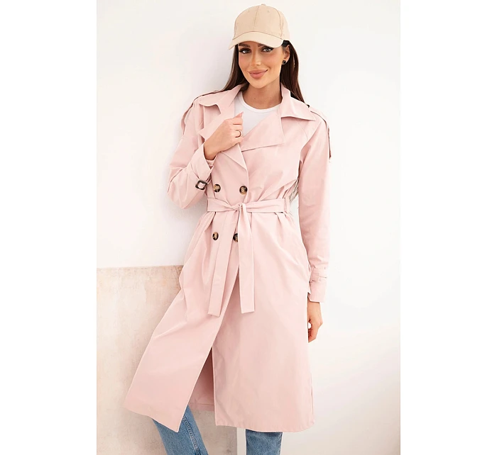 Dámský kabát model 22084717 v pase s límcem tmavý pudrový růžový - K-Fashion Dámský kabát model 22084717 v pase s límcem tmavý pudrový růžový - K-Fashion