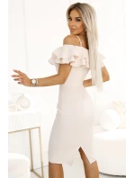 599-1 CARMEN Přiléhavé midi šaty ve španělském stylu - béžové