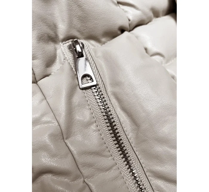 Péřový kabát z eko kůže v barvě ecru s kožešinou Ann Gissy (AG9-9003)