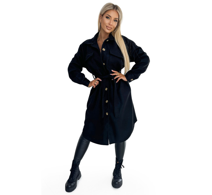 Teplý černý dámský kabát s kapsami, knoflíky a zavazováním v pase 493-2