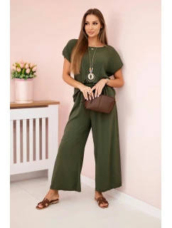 Viskózový komplet plisovaná halenka + kalhoty khaki