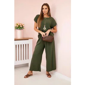 Viskózový komplet plisovaná halenka + kalhoty khaki
